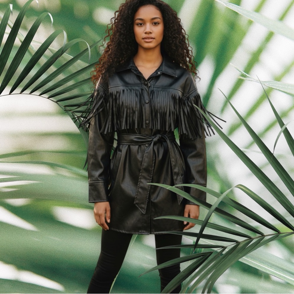 Vintage style SHEIN Black Faux Leather Fringe Belted Jacket - Picture 10 of 16